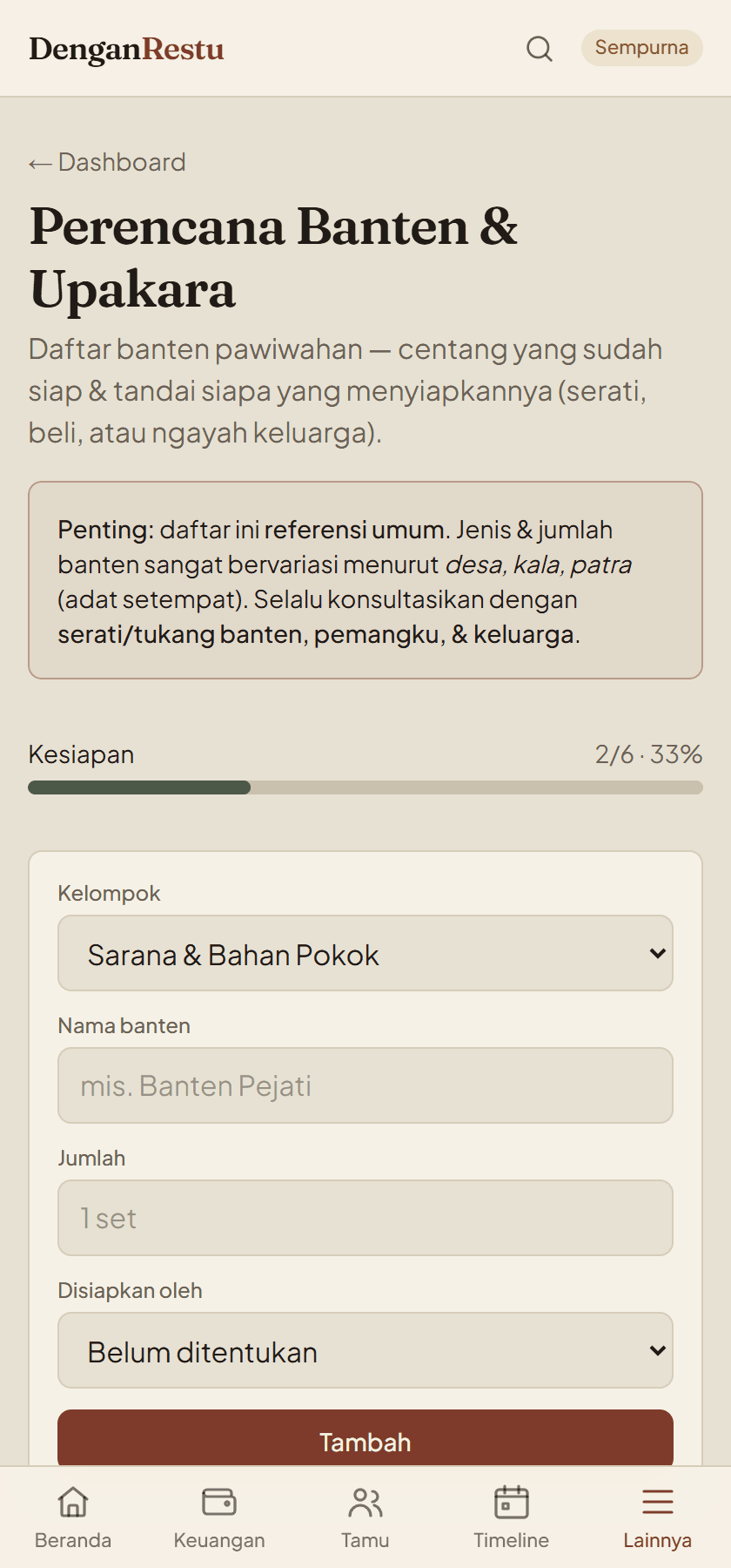 Layar Perencana Banten di ponsel: daftar banten dikelompokkan per jenis, tiap baris punya jumlah, pilihan penyiap, dan kotak centang.