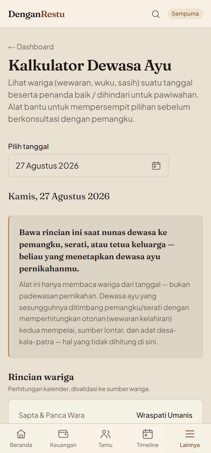 Layar Kalkulator Dewasa Ayu di ponsel: tanggal 27 Agustus 2026, kotak berisi kalimat bahwa rincian ini dibawa saat nunas dewasa ke pemangku karena beliau yang menetapkan dewasa ayu, lalu tabel rincian wariga.