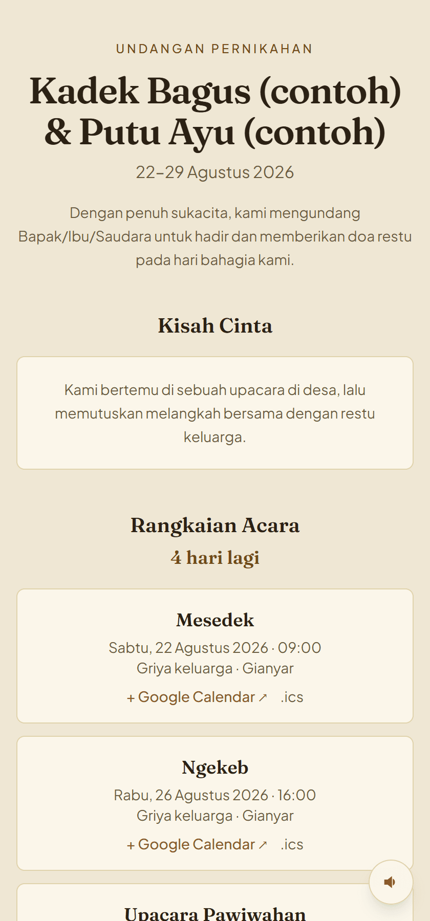 Layar undangan digital di ponsel: nama kedua mempelai, rentang tanggal 22 sampai 29 Agustus 2026, bagian Kisah Cinta, dan kartu Rangkaian Acara berisi Mesedek dan Ngekeb lengkap dengan jam, lokasi, dan tautan tambah ke Google Calendar.